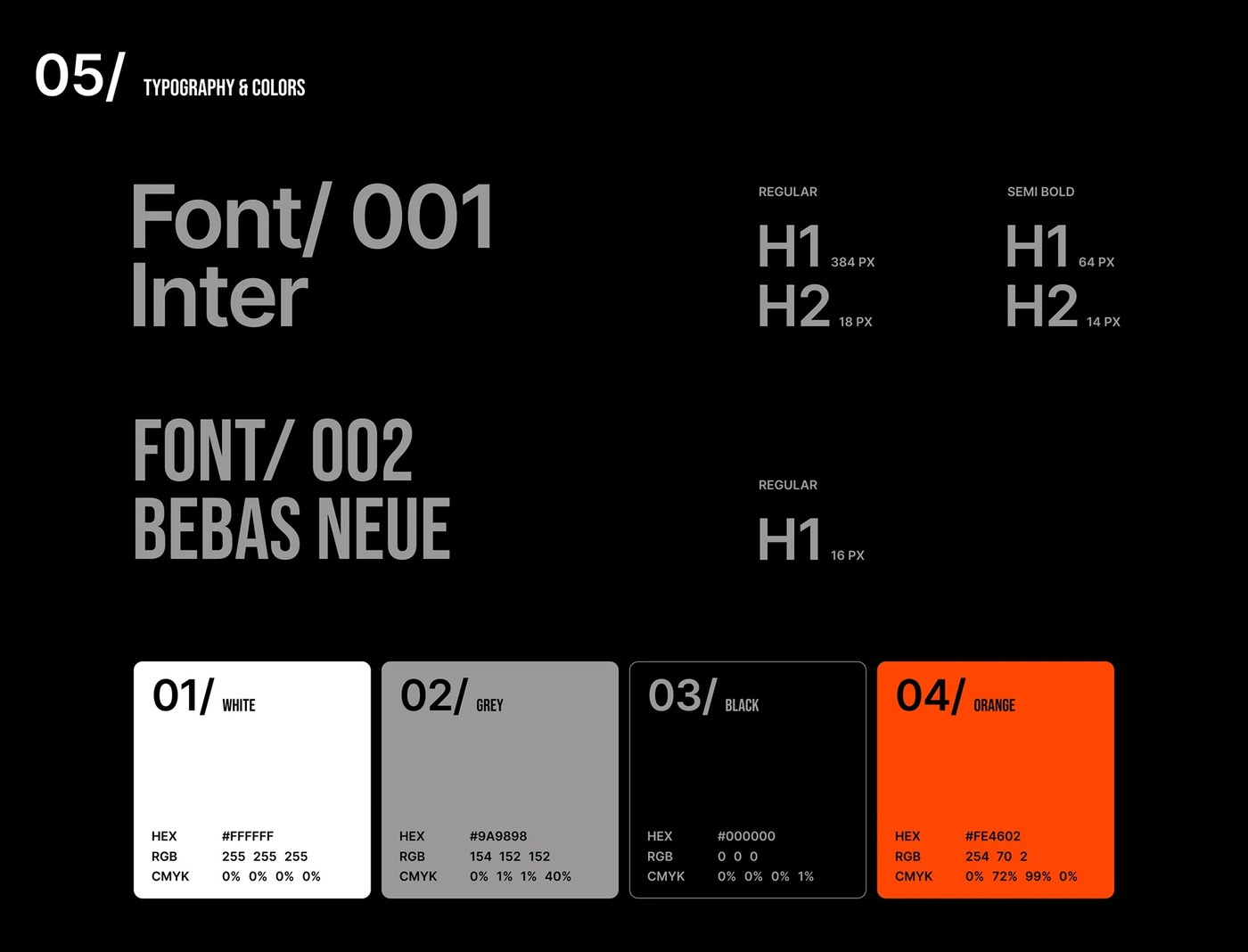 Typography and color specifications displaying Inter and Bebas Neue type scales alongside White, Grey, Black, and Orange swatches