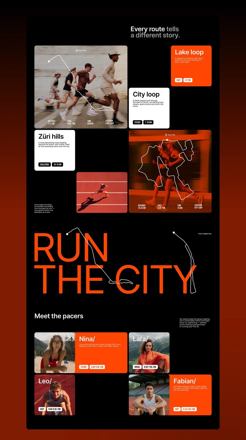 Route selection cards with vector running telemetry overlays and monumental Run The City headline typography bisected by a path line