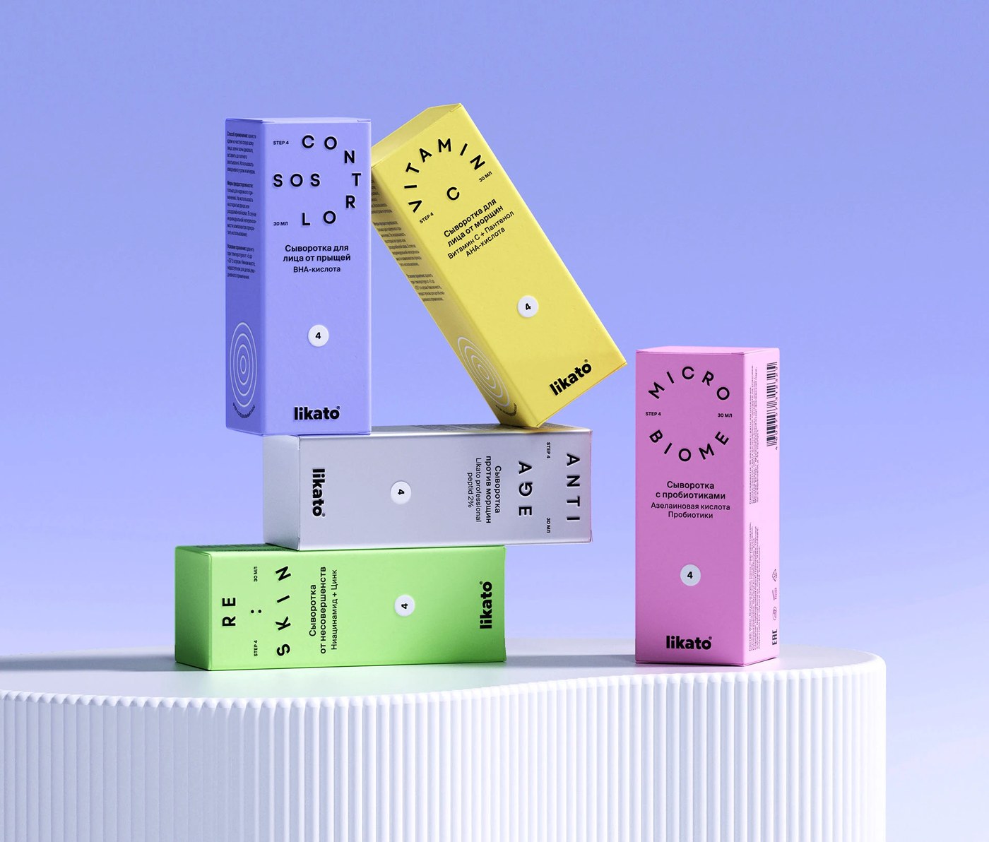 LIKATO bottles displaying skincare packaging design brand system details
