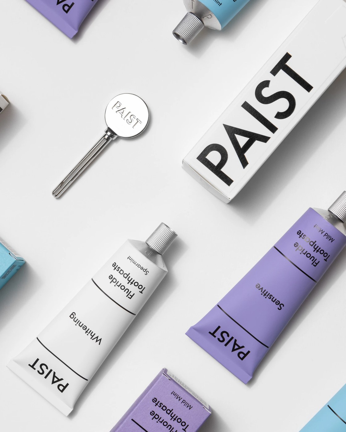 Paist brand identity master system board and packaging flat lay with embossed logo key and tubes