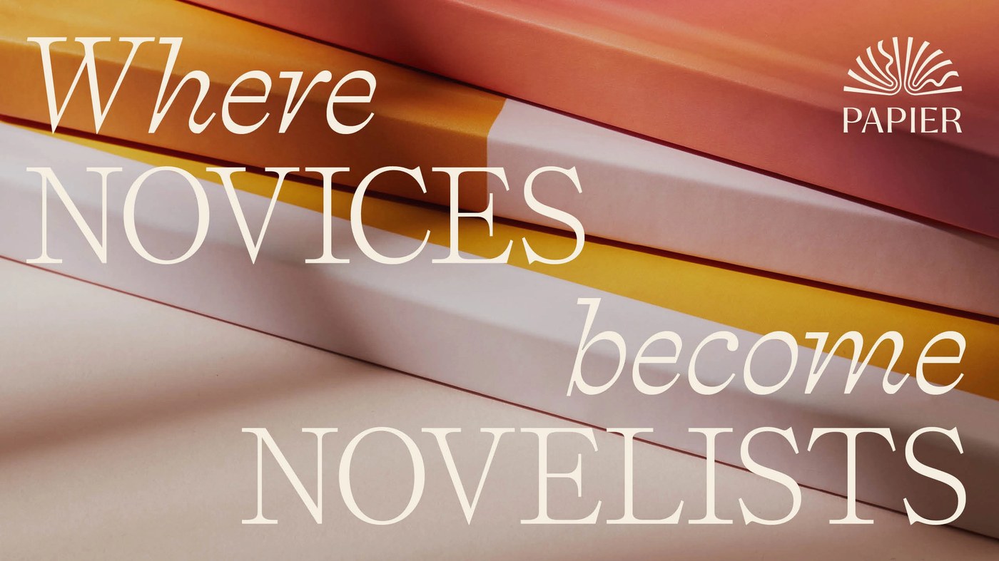 Editorial typography layered over notebooks in Papier brand identity