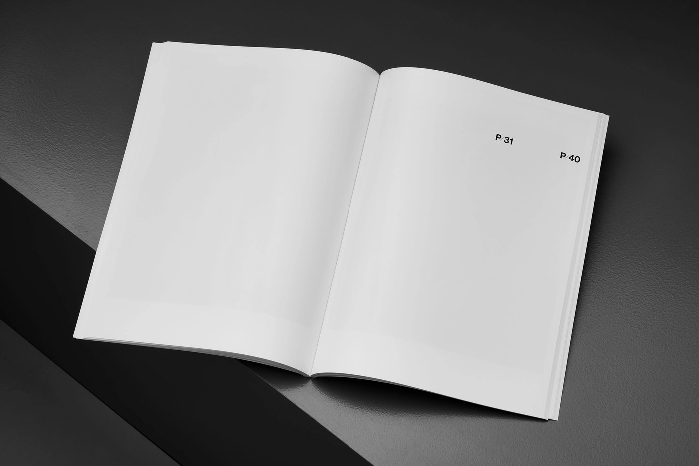 Open book spread showing unprinted pause spread between luminogram segments — editorial design by Lundgren+Lindqvist