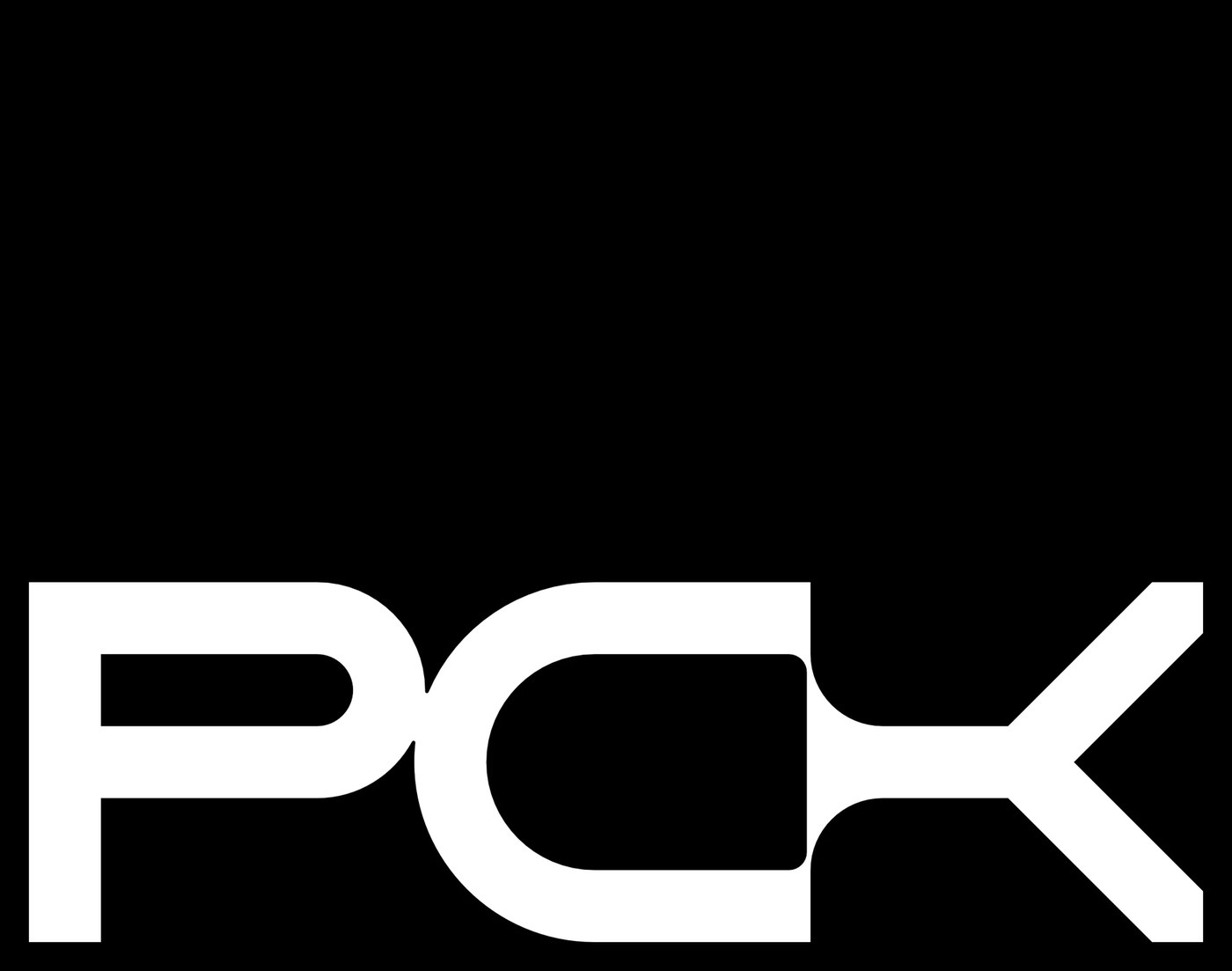 Inverted PCK brand mark in white on black