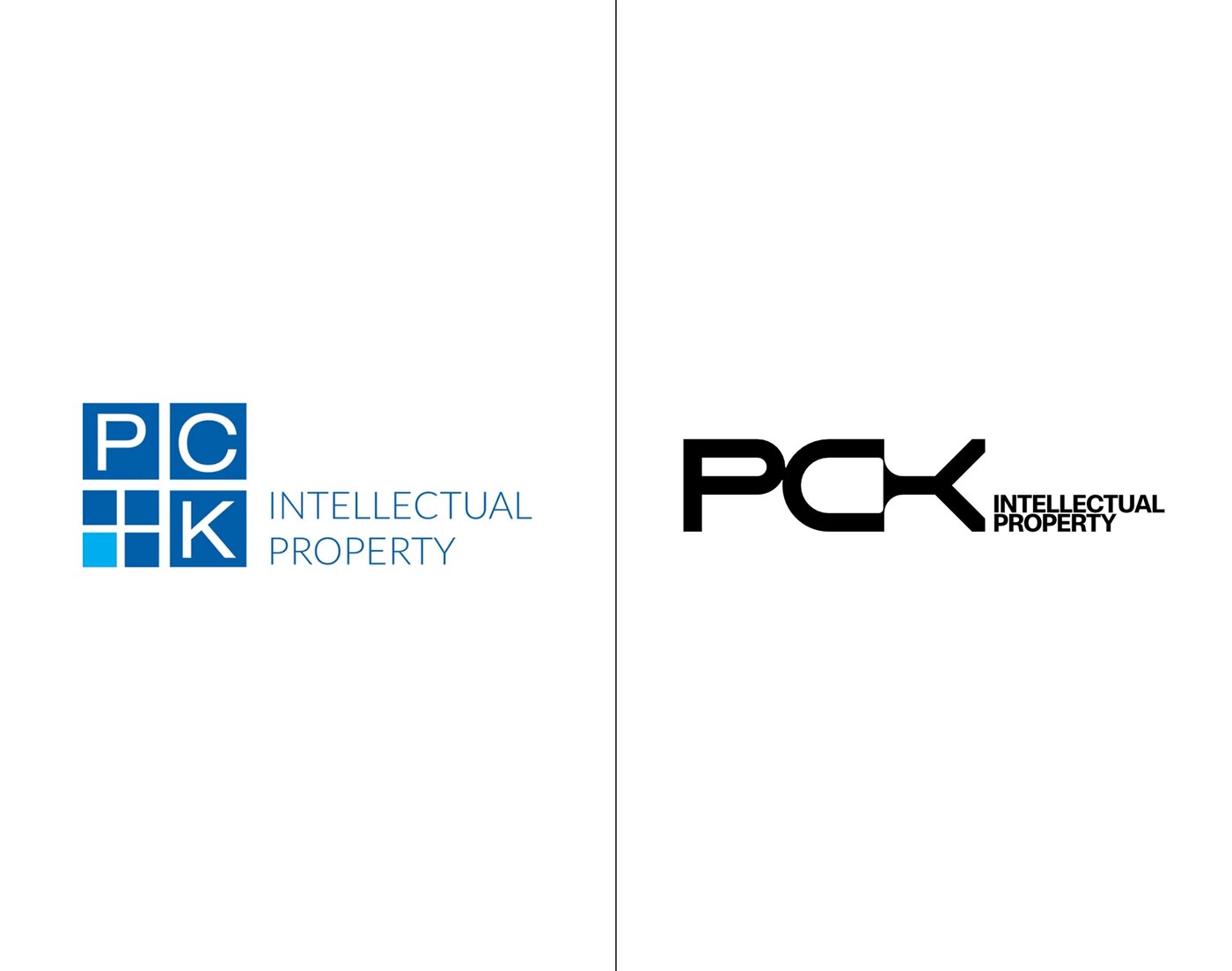 Before and after brand identity redesign comparison for PCK Intellectual Property