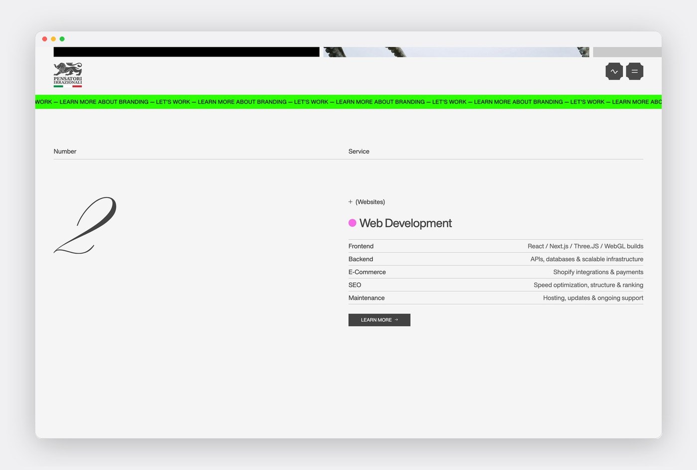 Web development technical discipline table and calligraphic numeral in Pensatori Irrazionali web design
