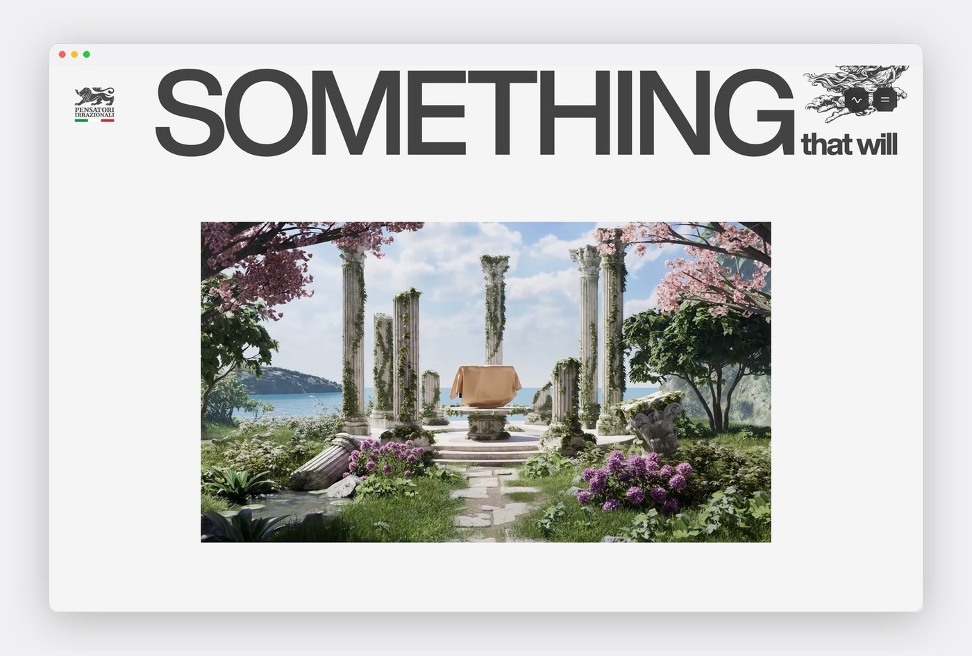 Neoclassical 3D seaside environment and monumental headline typography in Pensatori Irrazionali web design