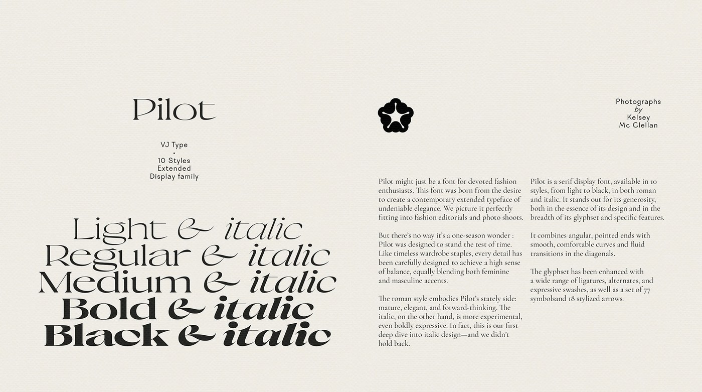Detailed character map and glyph anatomy for Pilot Typeface display weights