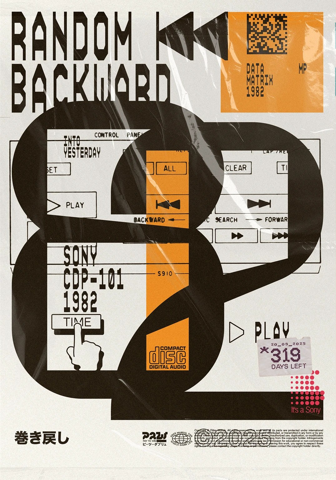 RANDOM BACKWARD 82 poster featuring the 1982 Sony CDP-101 Compact Disc player schematic and typography — poster design by Molnár Péter