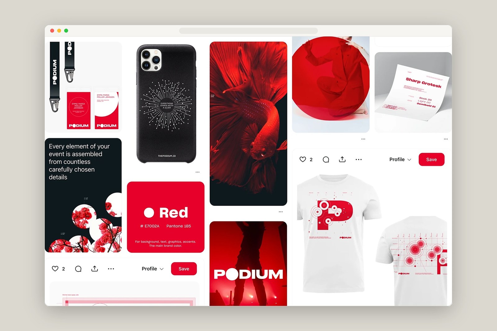 Podium brand identity guidelines showing Pantone 185 red swatch, Sharp Grotesk typography specimen, lanyards, and radial P monogram t-shirts