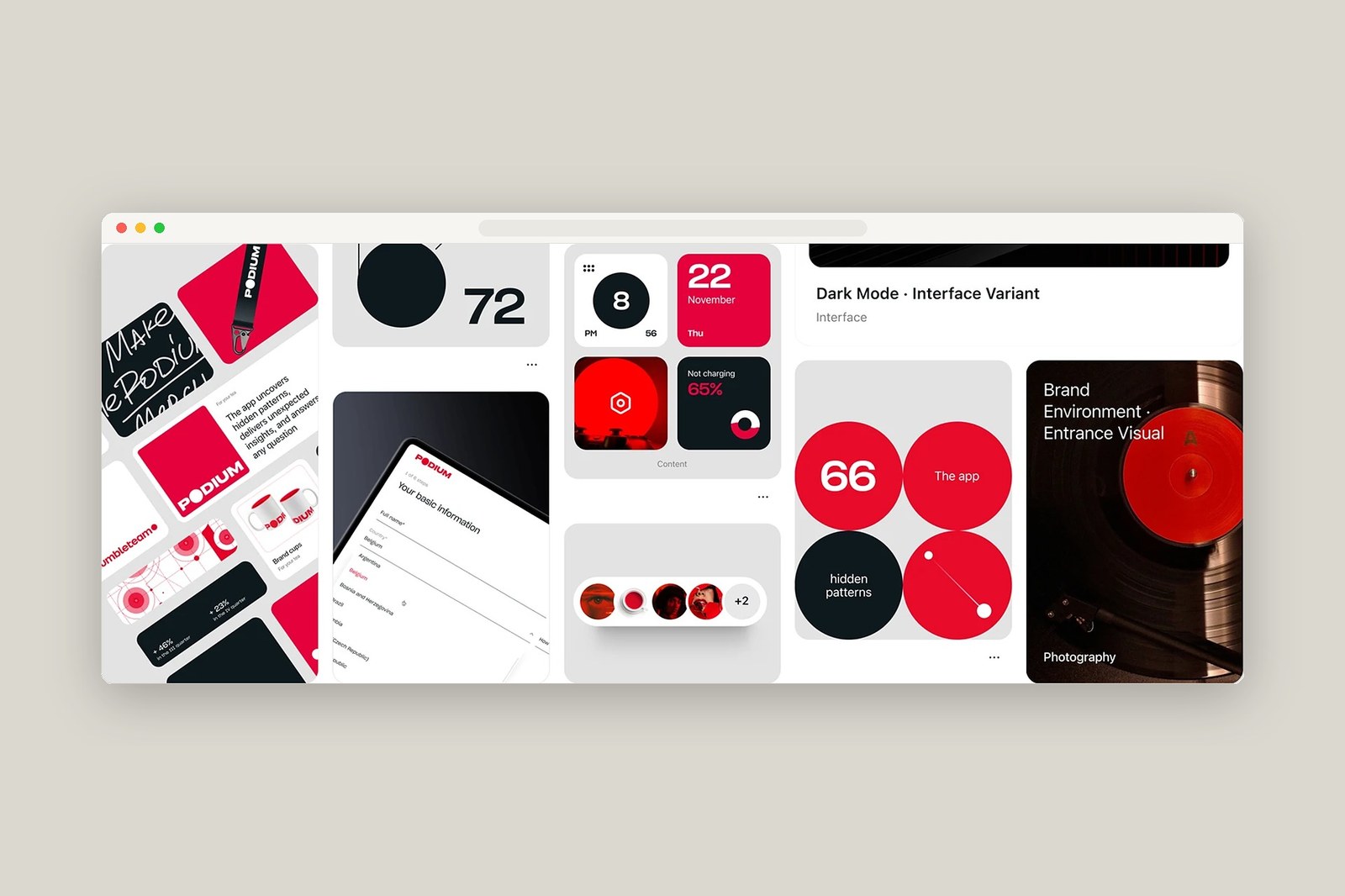Podium UI/UX design system overview showing dark-mode interface widgets, onboarding flow, and brand cards by Humbleteam