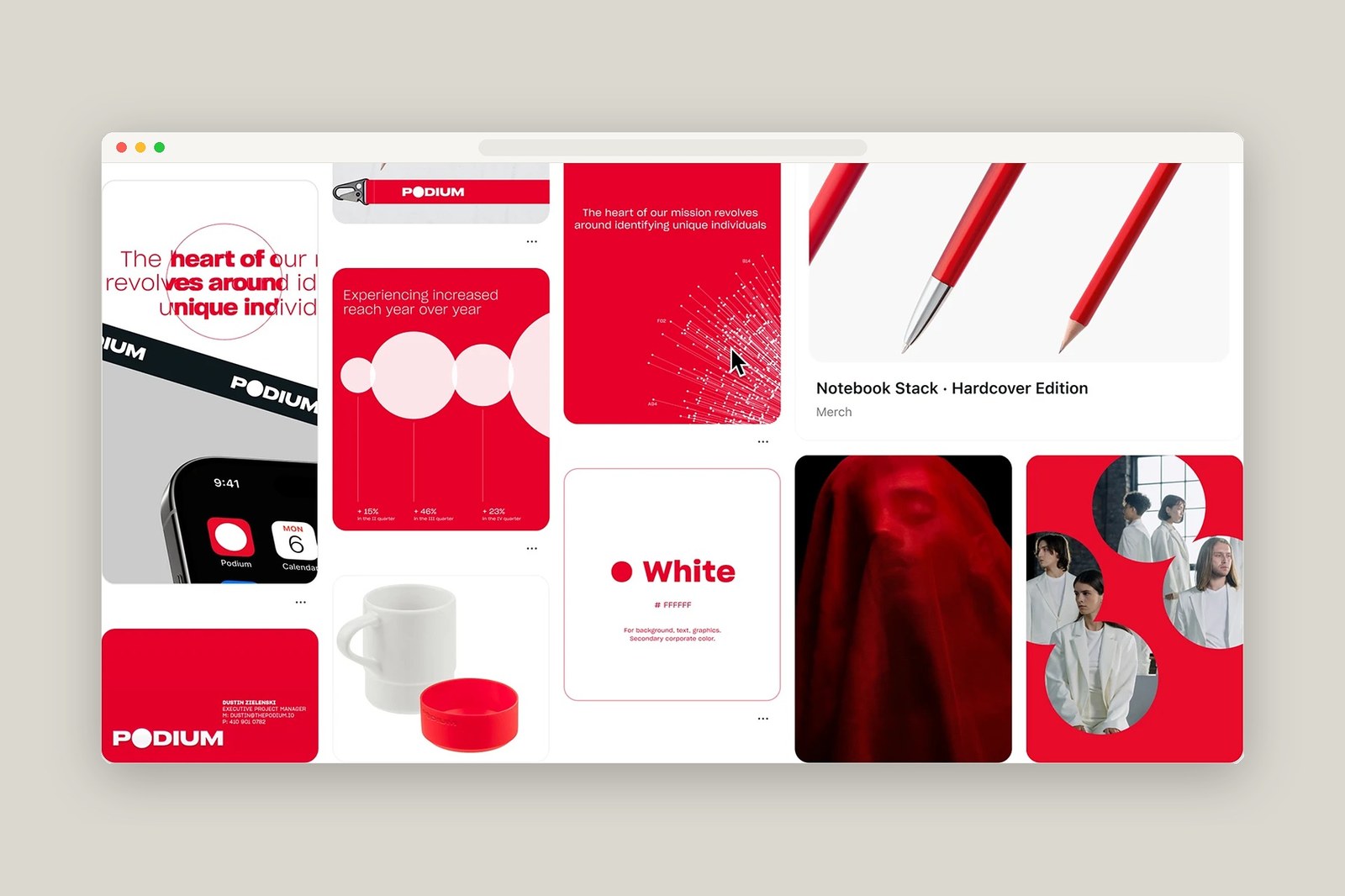 Podium UI/UX design analytics reach cards, mobile app icon, ceramic cup, and stationery by Humbleteam