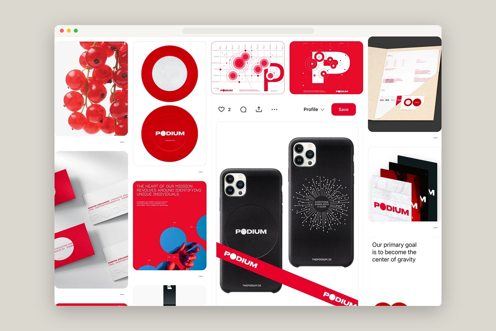 Podium blind-debossed business cards, kraft presentation folder, circular coasters, and radial diagram cards by Humbleteam