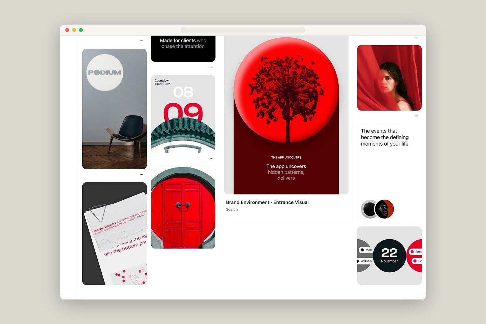 Podium live countdown timer UI card, debossed letterhead, and circular entrance visual by Humbleteam