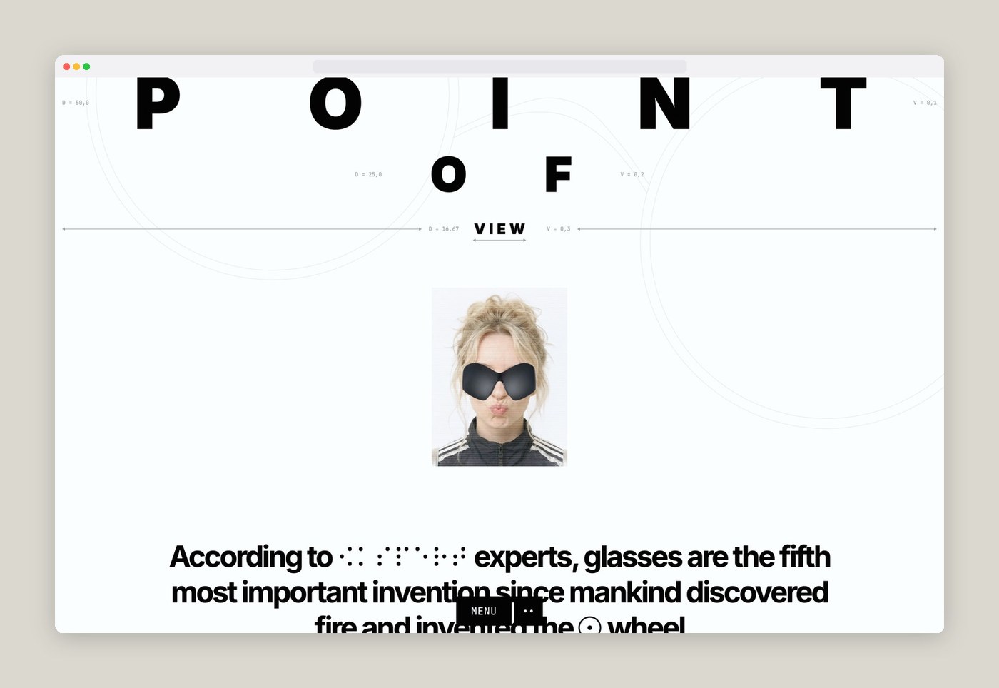 Point of View web design hero showcasing diopter scale typography and experimental eyewear inside browser frame