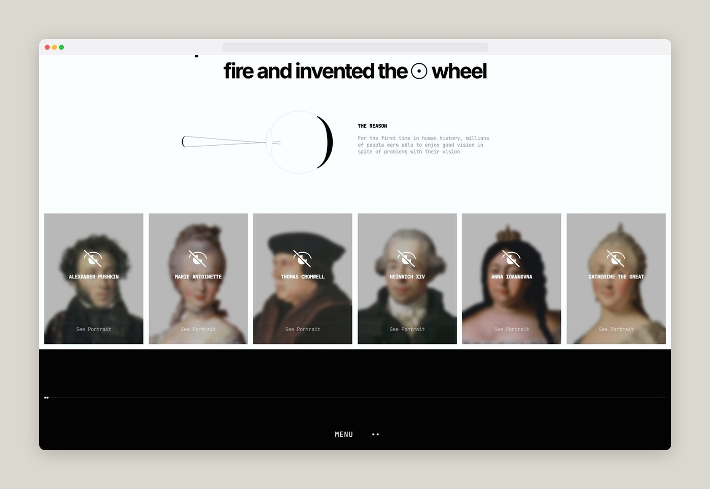 Blurred historical portraits of Pushkin and Catherine the Great in Point of View web design inside browser frame
