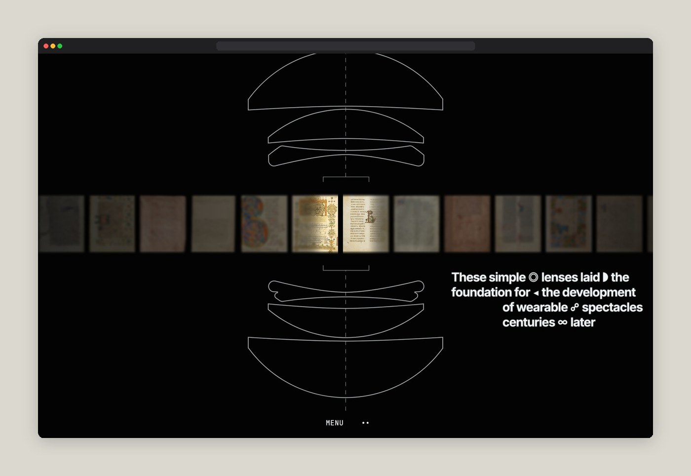 Eleventh-century reading stone chapter with magnified medieval manuscripts inside browser frame