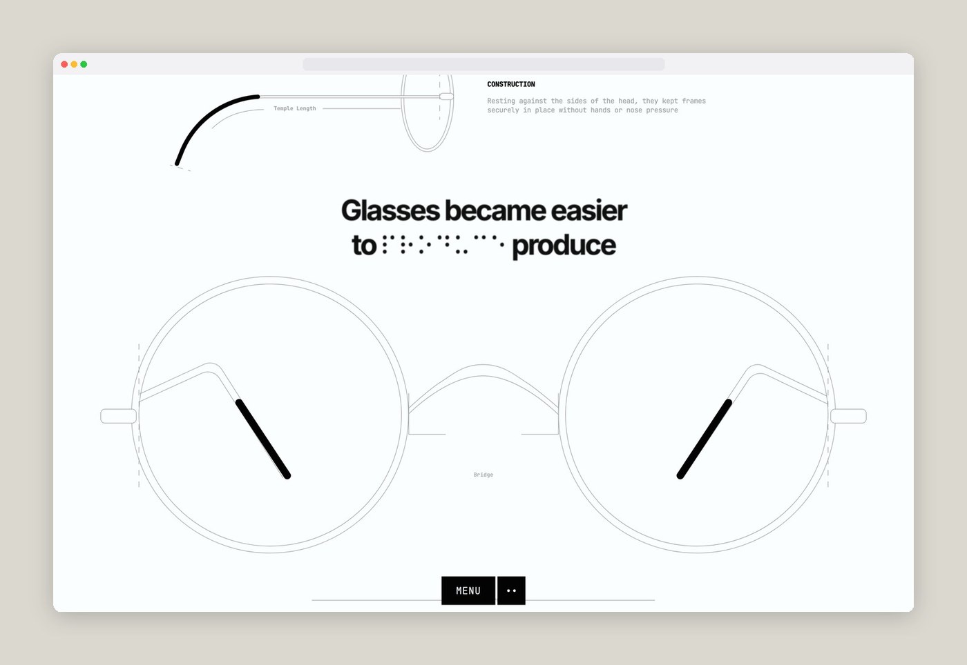 Eyewear frame construction wireframe diagram detailing temple length and nose bridge inside browser frame