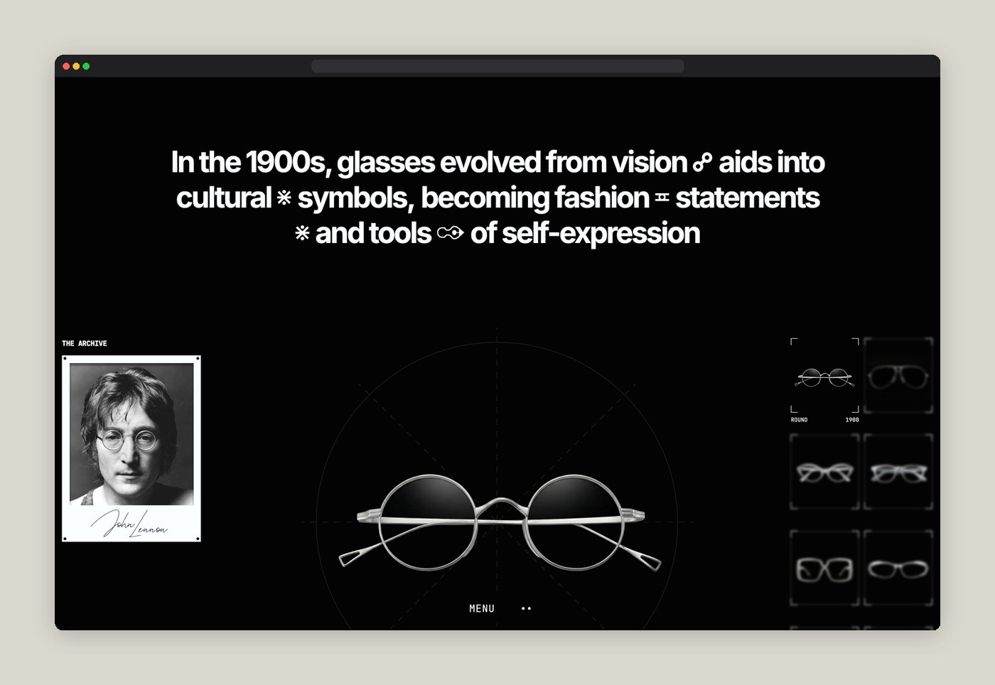 Interactive eyewear archive featuring John Lennon round wireframe glasses inside browser frame
