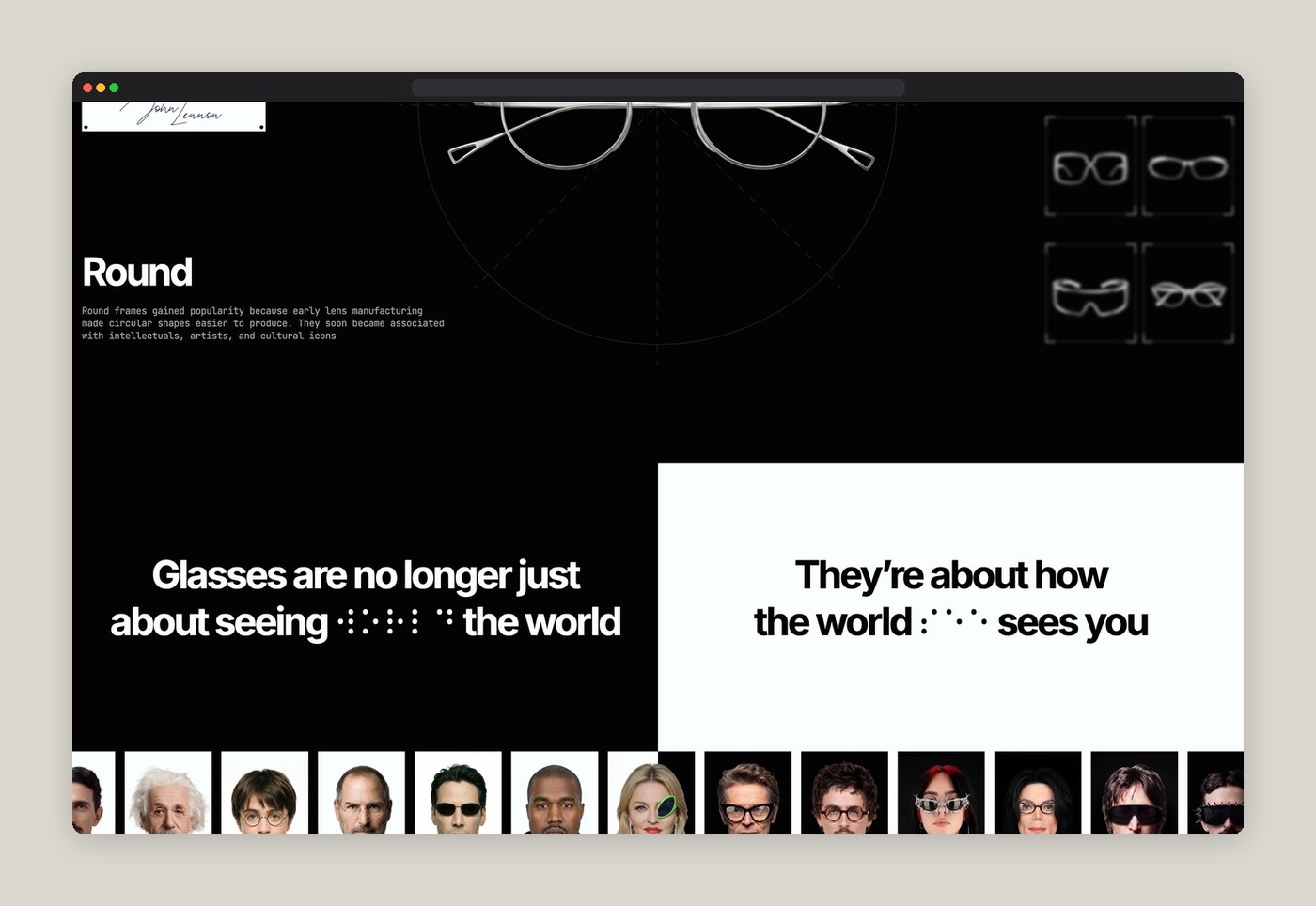 Cultural icon grid exploring how glasses shifted into personal identity inside browser frame