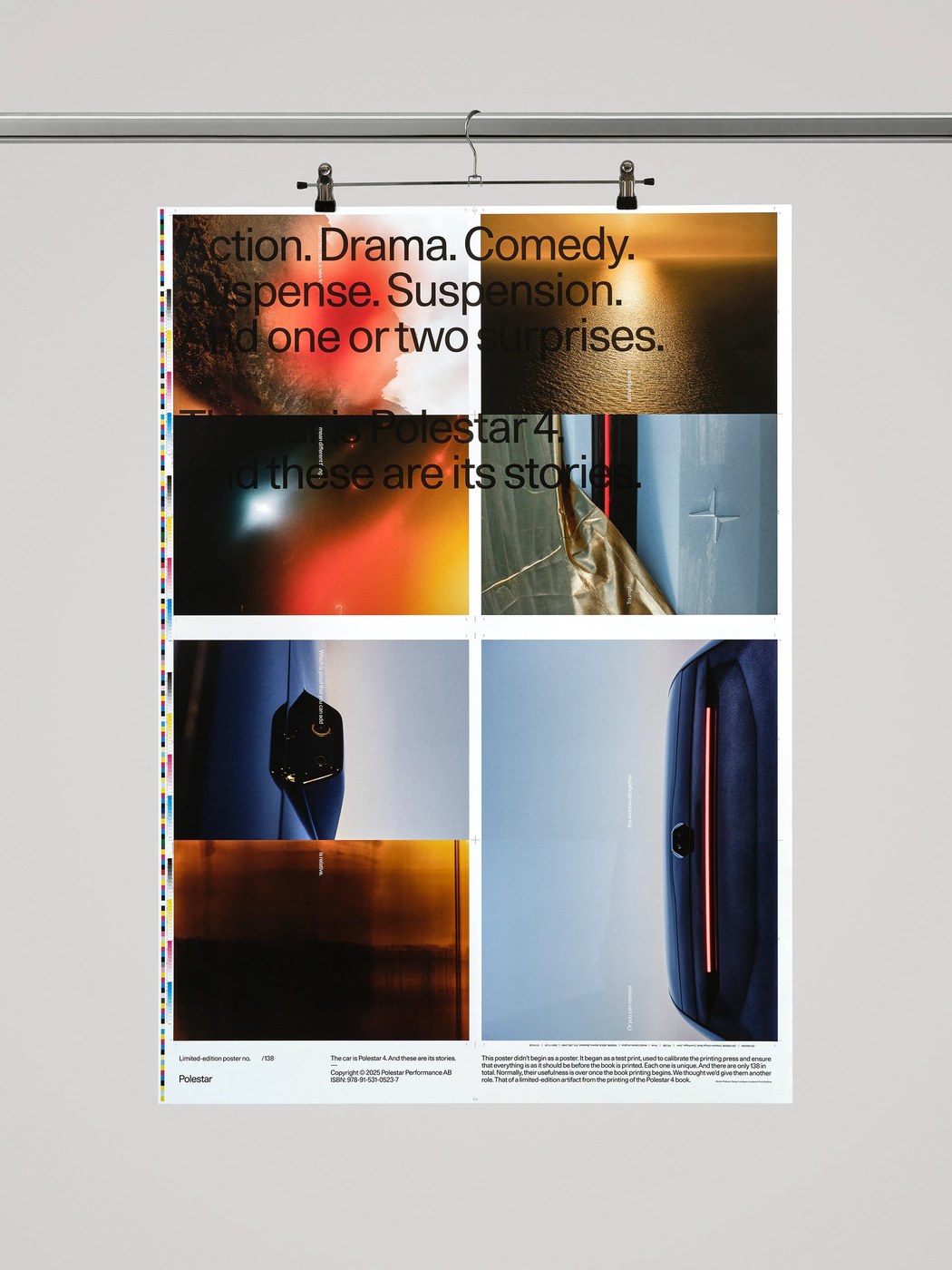 Polestar 4 poster design showing metallic automotive body panels and print registration marks