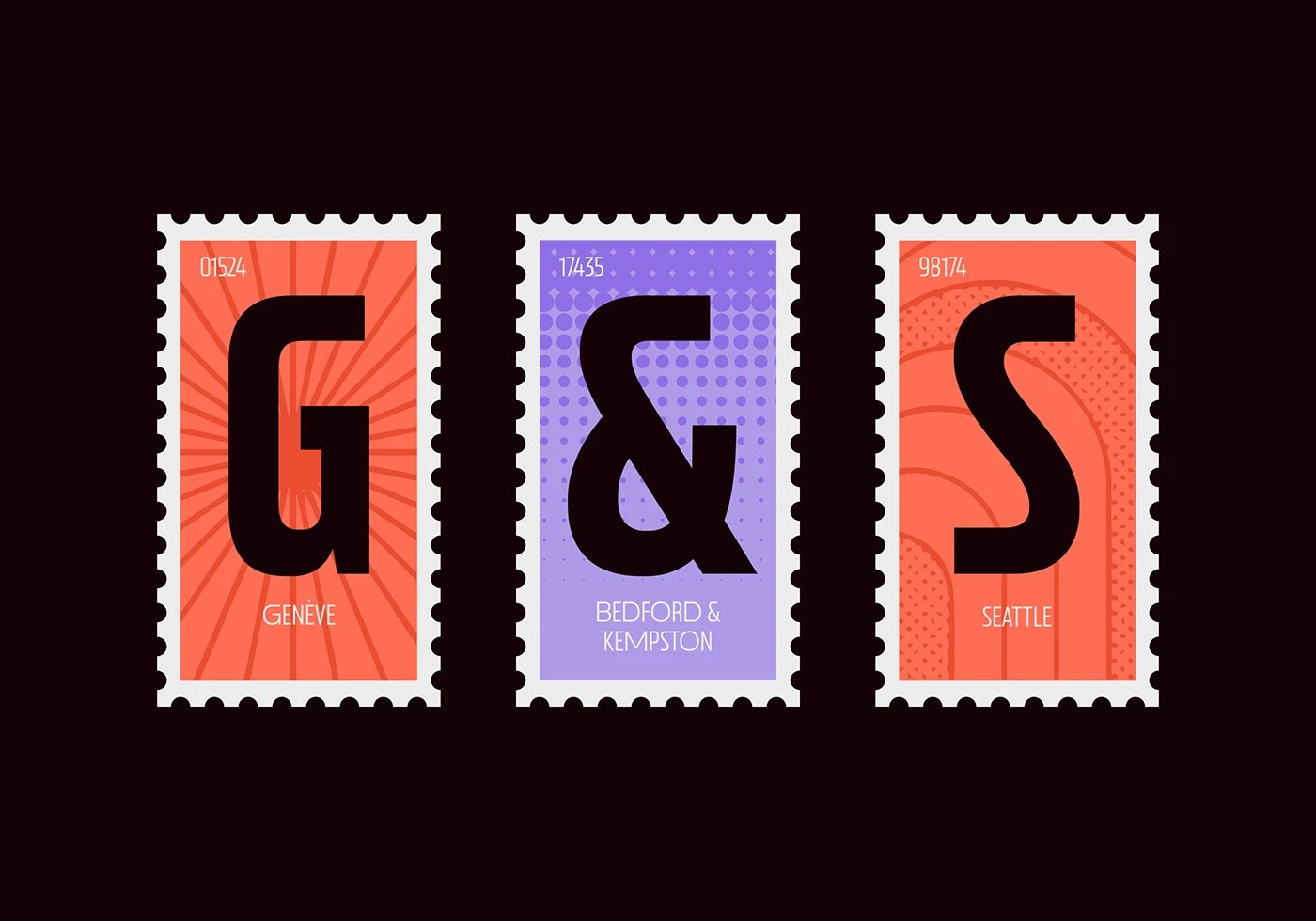 Postamp Grotesk condensed sans serif typeface stamp frame compositions with coral and lavender letterforms