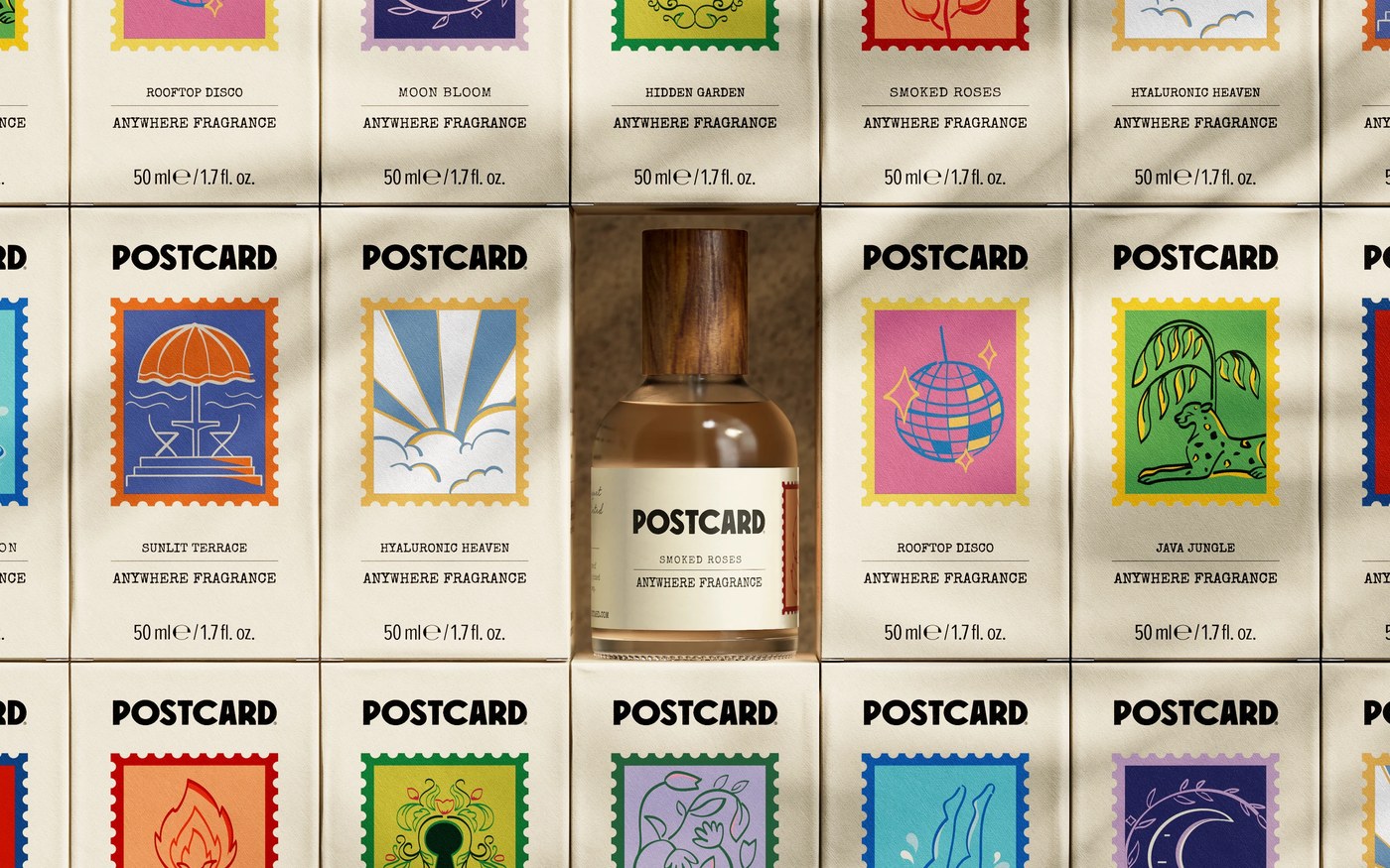 Postcard Anywhere Fragrance packaging design system overview grid with logotype wordmark, typography specimen, and wood-capped glass bottle — packaging design by Robot Food