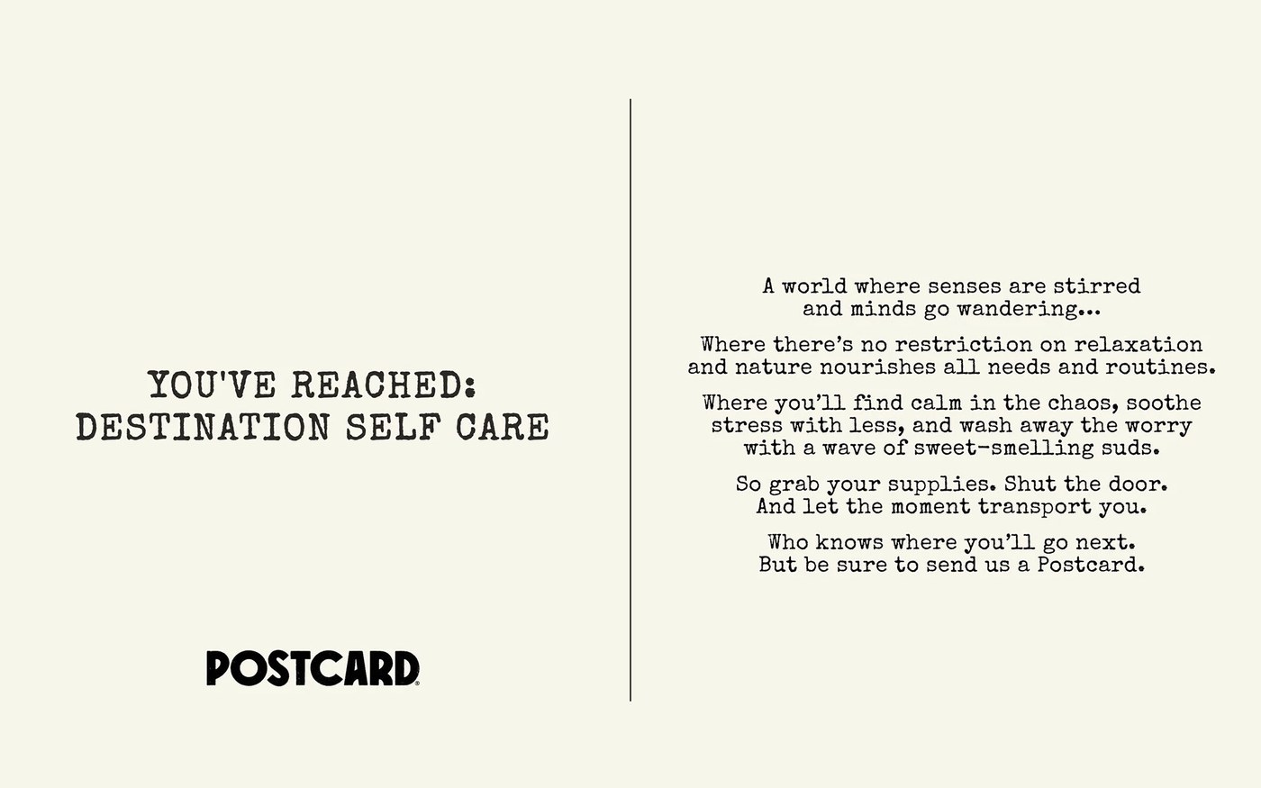 Postcard Destination Self Care divided postcard copy in typewriter serif — packaging design by Robot Food