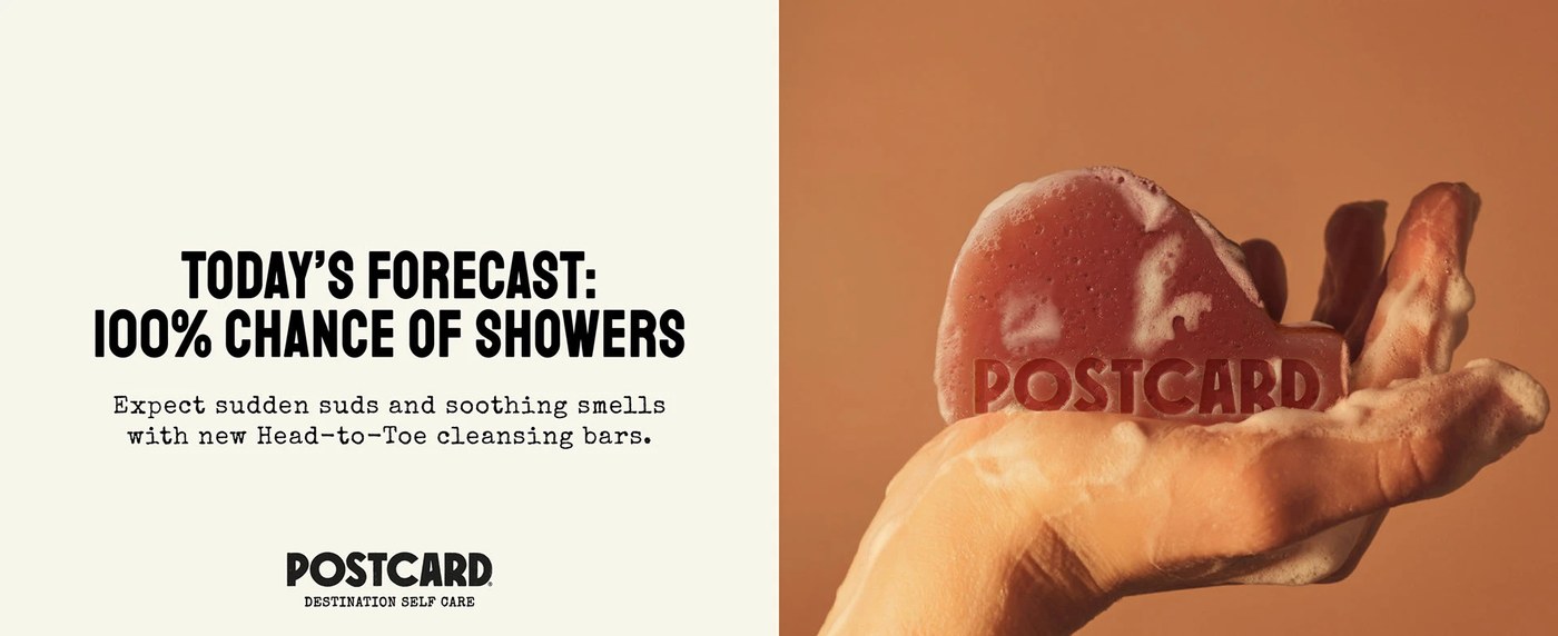Postcard Head-to-Toe terracotta cleansing bar with debossed lettering and shower forecast headline — packaging design by Robot Food