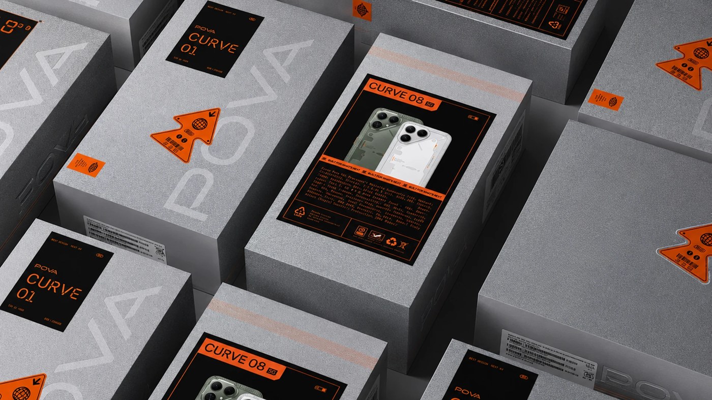 POVA brand identity packaging boxes with blind debossed logos and modular orange hazard stickers