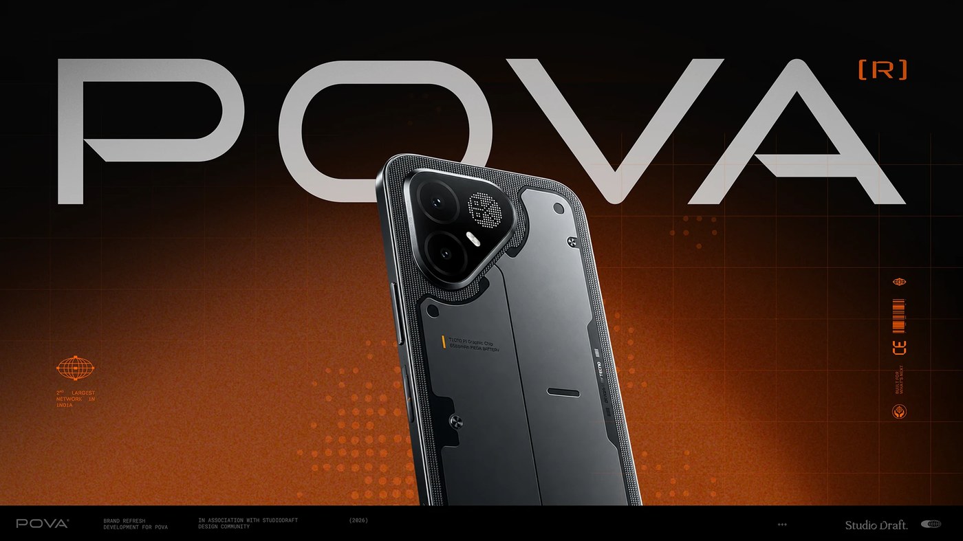 POVA brand identity smartphone backplate showing knurled camera module and telemetry graphics