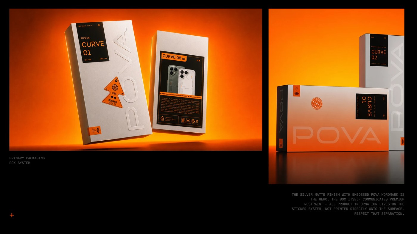 Silver matte paperboard packaging boxes in the POVA brand identity system by StudioDraft