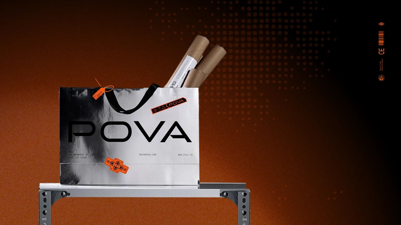 Reflective chrome shopping bag and poster tubes on steel racking in POVA brand identity