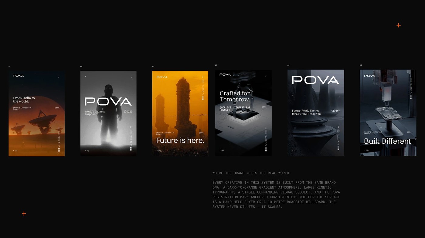 Campaign poster series grid featuring dark orange atmospheric lighting in POVA brand identity