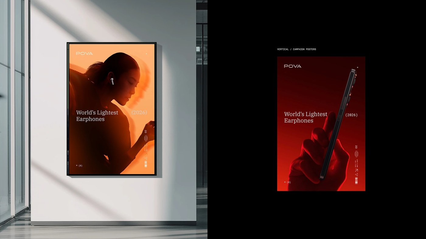 Architectural gallery installation showing vertical campaign posters in POVA brand identity
