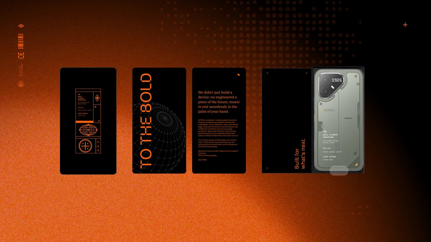 Unboxing tray with green metallic smartphone and user guide collateral in POVA brand identity