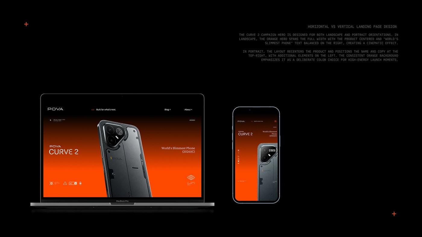 Responsive digital web layout and mobile interface designs in POVA brand identity system