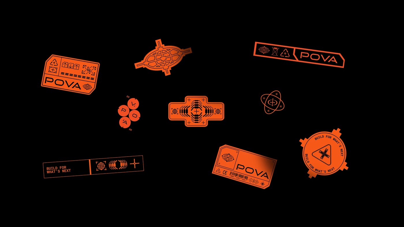 Industrial telemetry icons, badges, and technical barcode marks in POVA brand identity