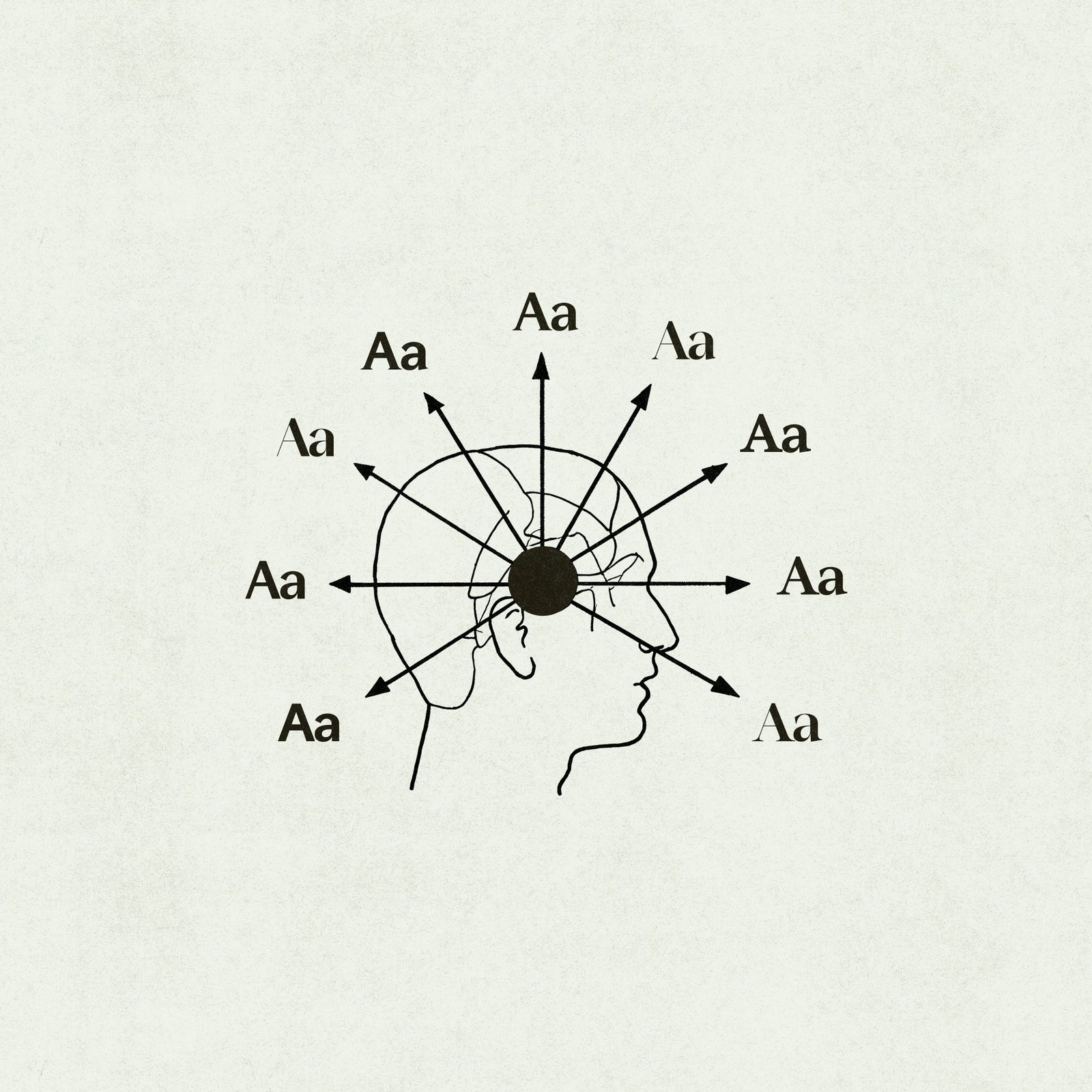 PP Altera conceptual head illustration radiating nine distinct Aa typographic voices from a single core