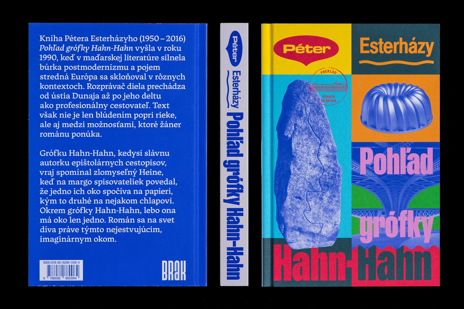 Full book design overview showing back cover, spine, and front cover collage for Péter Esterházy's Pohľad grófky Hahn-Hahn by Matúš Hnát