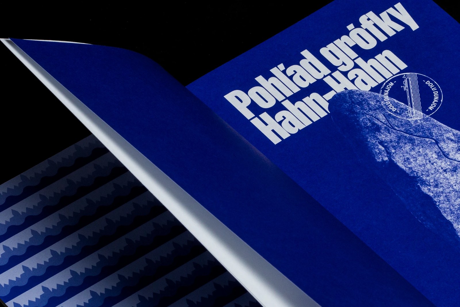 Open gatefold cover flap revealing white-on-cobalt interior typography, Dolu Dunajom riverboat seal, and patterned wave endpapers