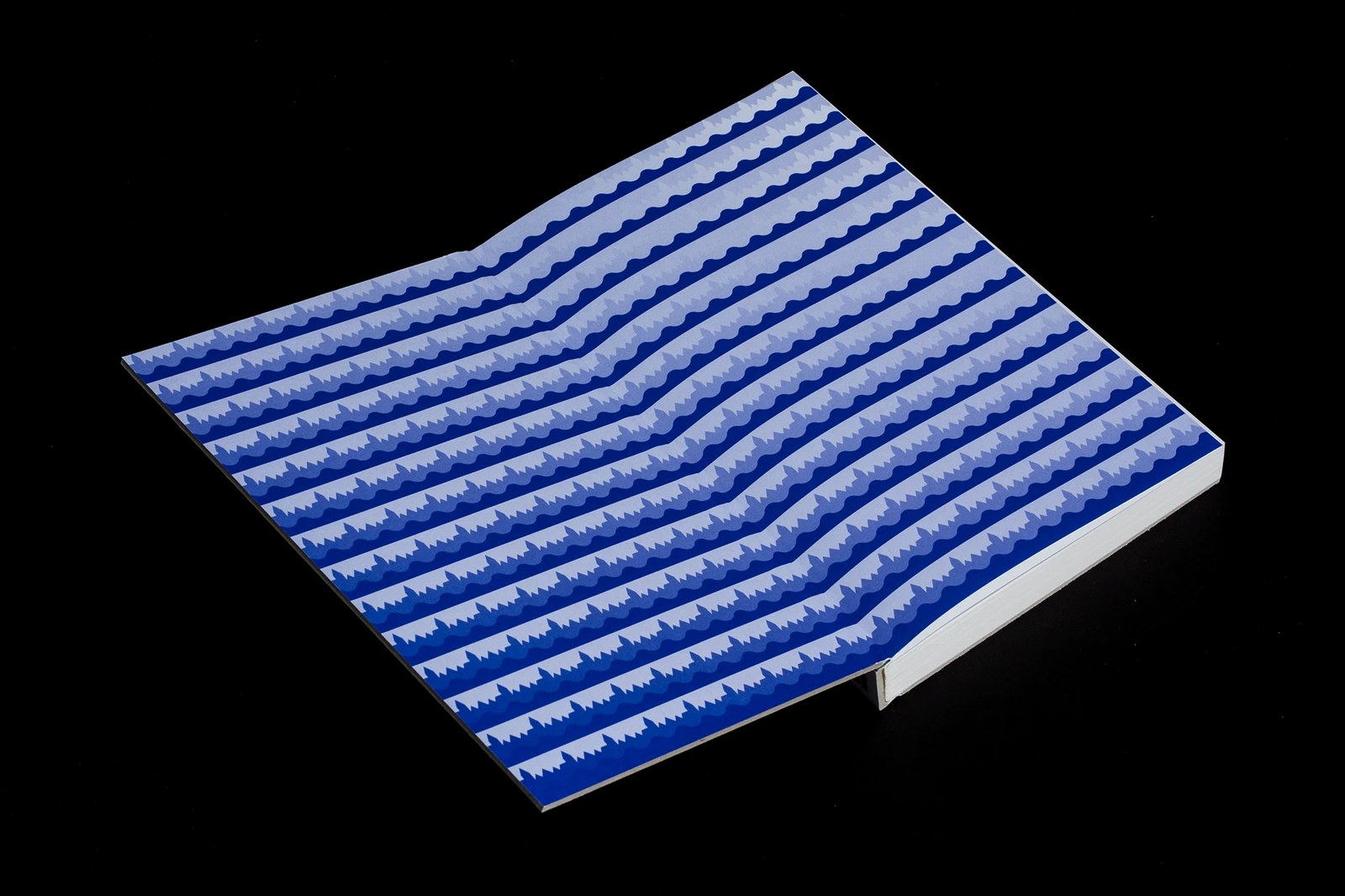 Full unfolded gatefold spread featuring blue, periwinkle, and white Danube river wave patterns in Matúš Hnát's book design