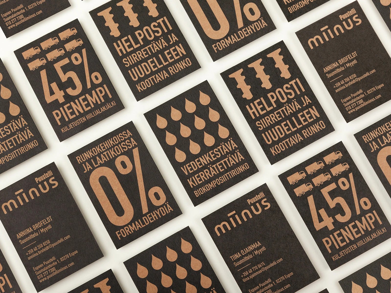 Dark charcoal business cards printed with kraft-tan ecological metrics for the Puustelli Miinus brand identity by BOND Creative Agency