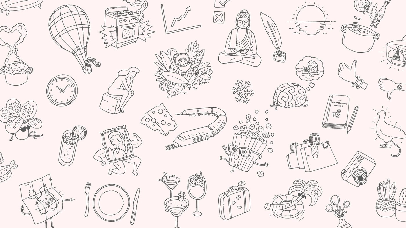 Bespoke monoline editorial illustration pattern and category iconography