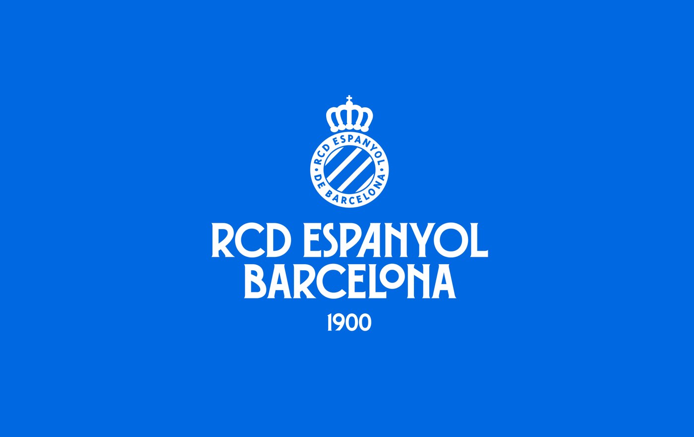 Centered RCD Espanyol de Barcelona club crest and custom Perico Type modernist wordmark brand identity on electric blue