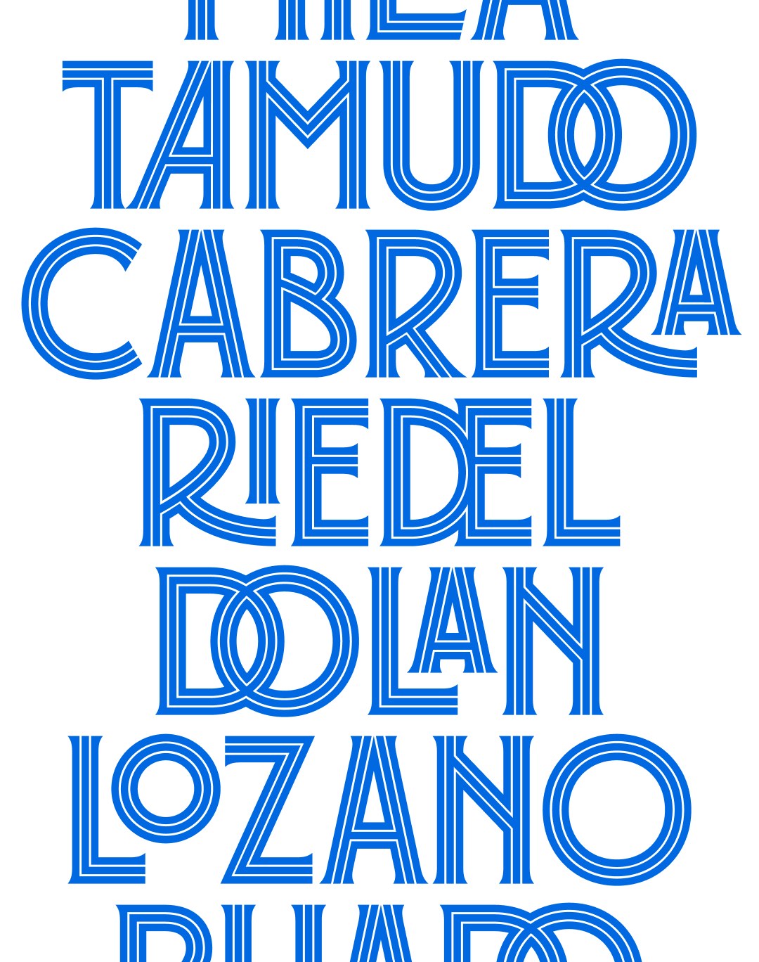 Perico Type typography specimen displaying player names with triple-striped letterforms and modernist Catalan ligatures