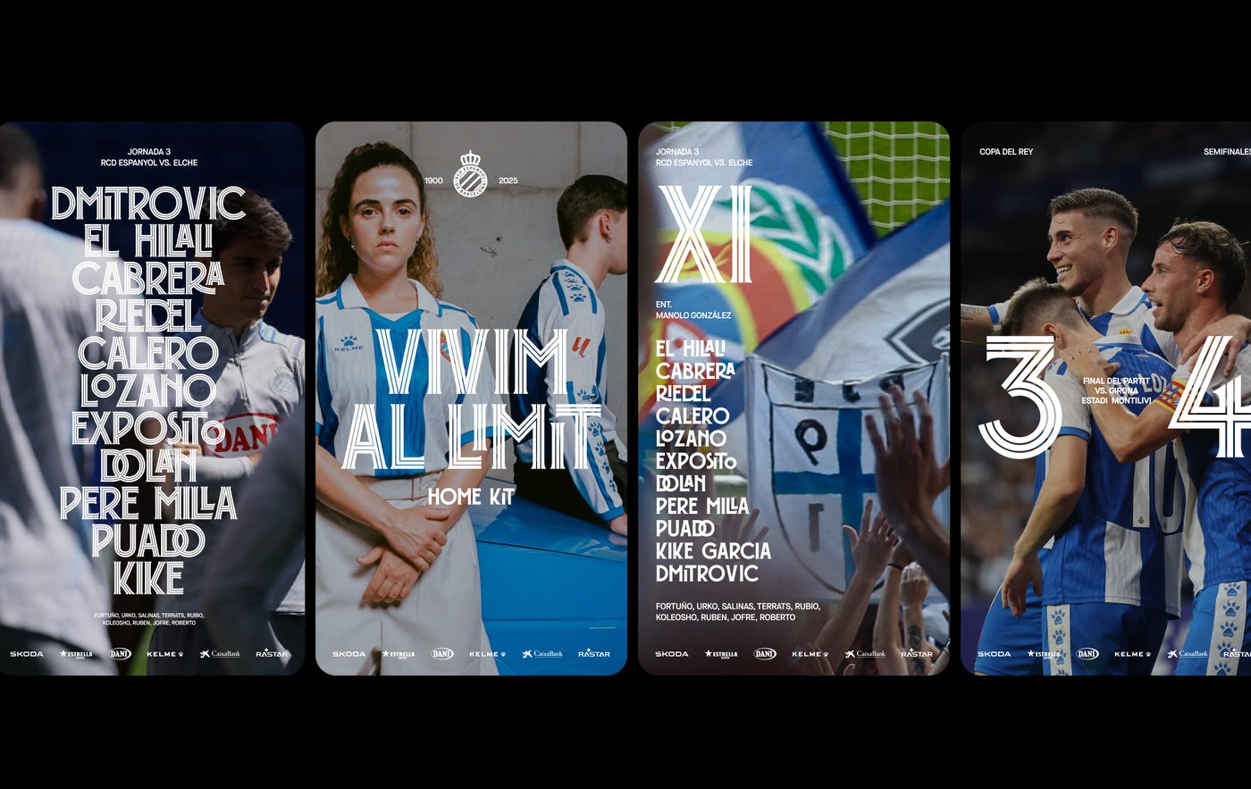 Four-screen mobile editorial system showing lineup cards, kit reveal announcement, and match scoreboards