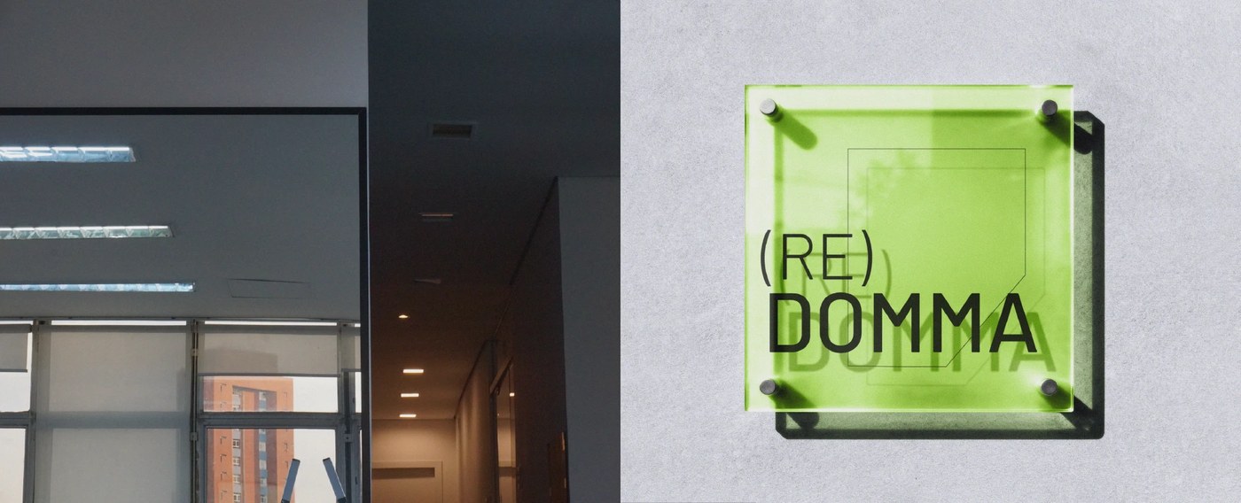 Custom uppercase geometric logotype in (RE)DOMMA brand identity