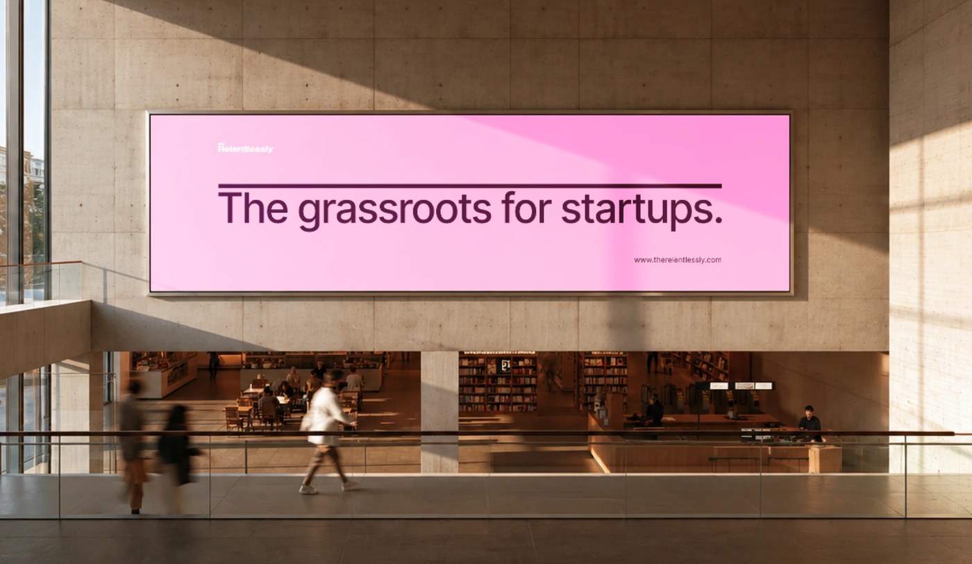 Multi-colored Relentlessly business cards featuring the overline wordmark and 'The grassroots for startups' typography by Ismael Branco