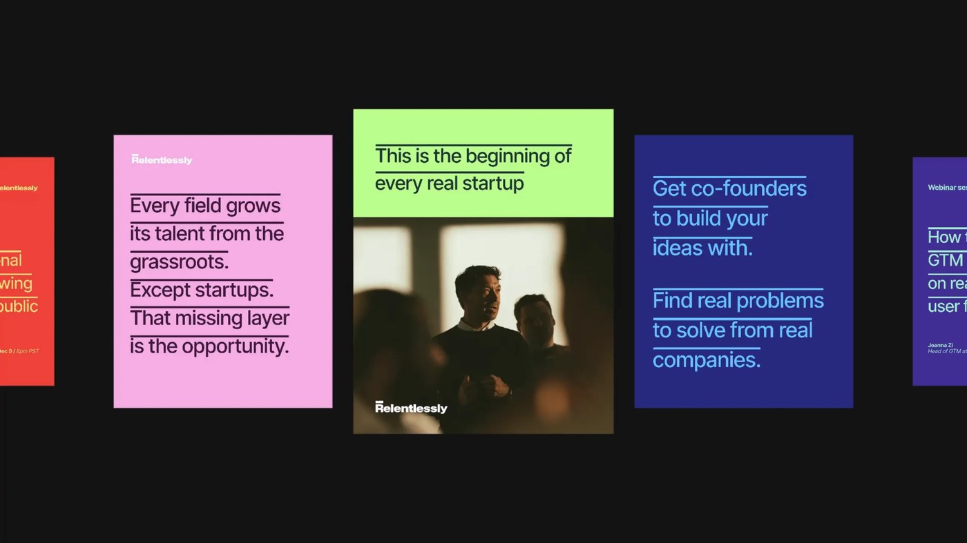 Relentlessly social and editorial poster cards showcasing the horizontal overline typography system across pink, lime green, and cobalt palettes