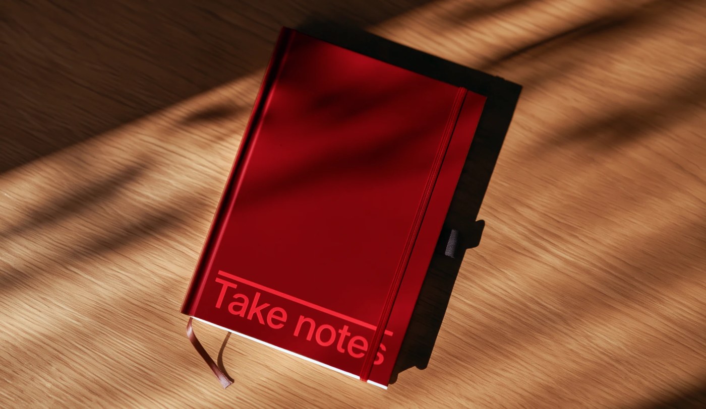 Deep crimson hardcover notebook debossed with 'Take notes' beneath a horizontal overline bar